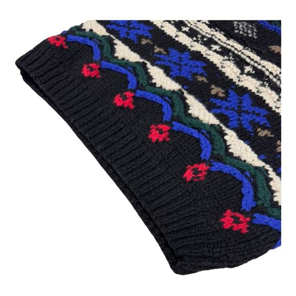 Vintage 80's GAP Men's Wool XL Black Red Green Gray Ivory Fair Isle Sweater - Picture 7 of 14